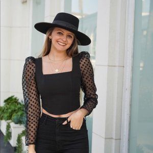TOPSHOP BLACK PUFFY POLKA DOT SLEEVE TOP